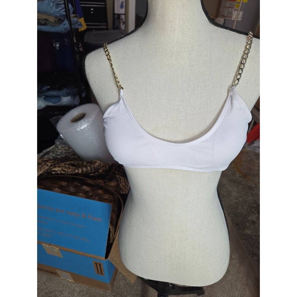 White Ribbed Swim Top Bralette With Chain Straps & Back Clasp Closure*34B